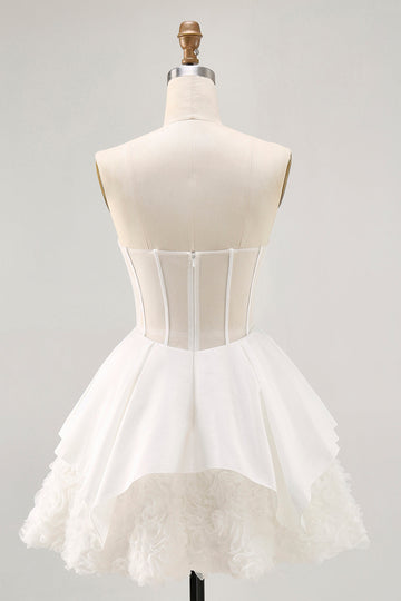 White Satin Strapless Corset A Line Graduation Dress